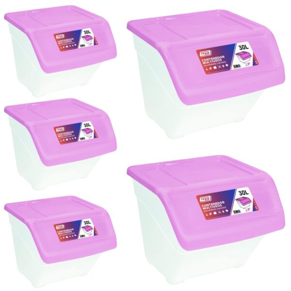 Tayg Pack 5 Cajas Almacenaje con Tapa 30L - Cestas Organizadoras para Almacenaje Ropa, Cajas Organizadoras de Plástico con Tapa, Reutilizables y Ligeras para Organizar tu Hogar, Medidas 39x40x33 cm