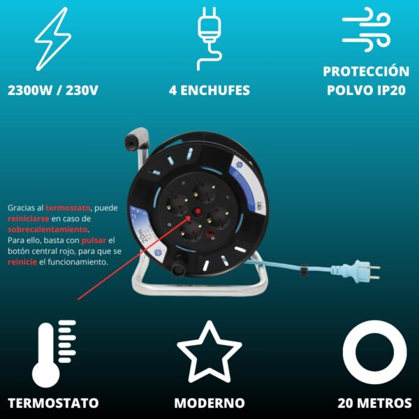 Gobuilding Alargador Enchufe 20 metros - Alargadera Enrollable 20 metros, Alargador Eléctrico IP20, Alargador Enrollable 4 Enchufes, 2300W, 230V, Cable 1mm, Enchufe Schuko Tipo F, 24x15x26 cm - Imagen 2